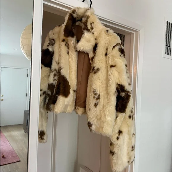 Zara Cream and Brown Cropped Faux Fur Jacket - Picture 3 of 4